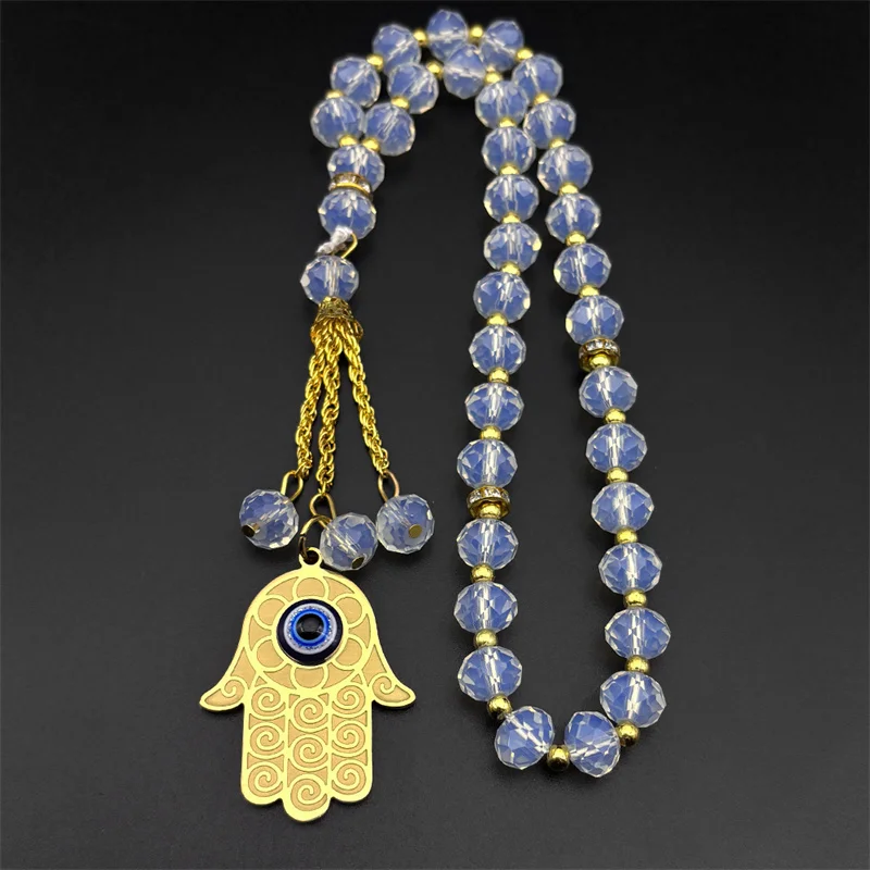 Islam Hamsa Hand Evil Blue Eye Auto Anhänger für Frauen Männer Edelstahl Türkisches Auge Glas Gebetskette Griechisches Amulett Schmuck – Detail 9