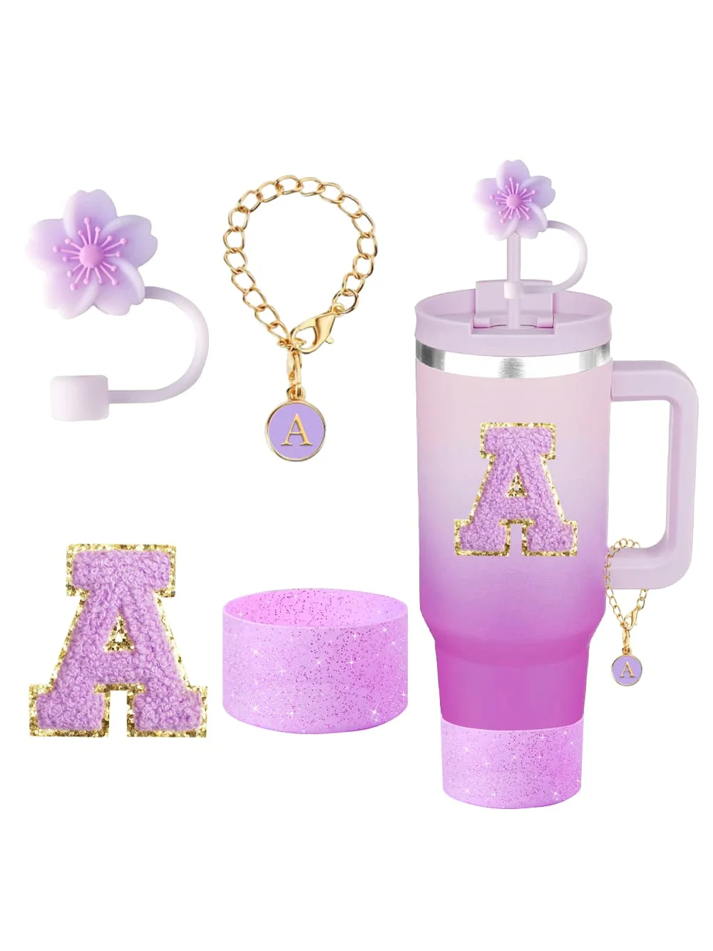 Stanley - Set di accessori per bottiglia d'acqua, cinturino con manico in silicone, supporto per rossetto, portachiavi e ciondoli per manico, accessori con topper per cannuccia per Stanley Cup da 1,13