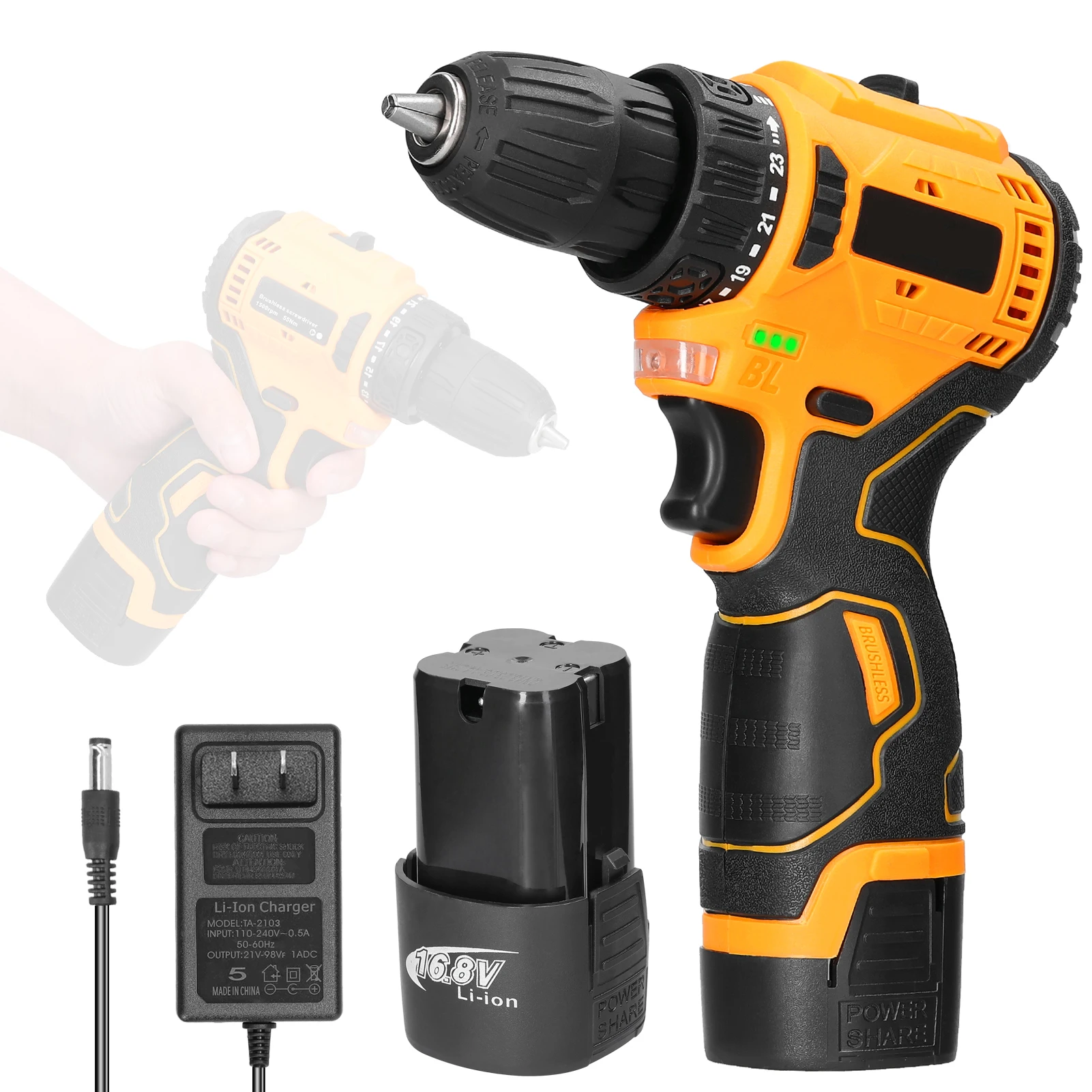 

16.8V Brushless Electric Screwdriver Rechargeable Screwdriver 55 Torque 2-Speed Adjustable Impact Drill Mini Portable Power Tool