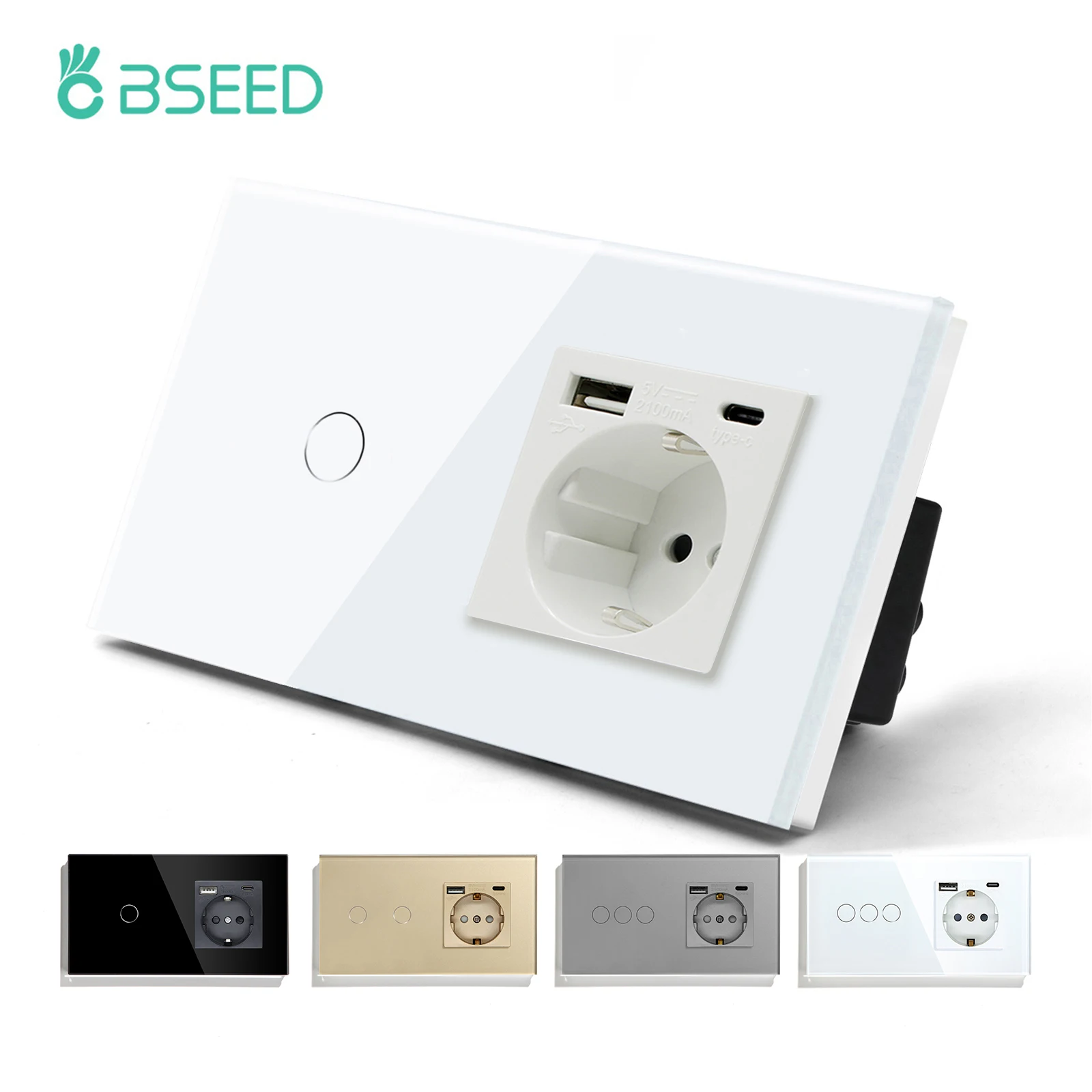 Bseed Interruptor de Toque Gang Maneira Tomada de Parede Padrão da ue com Usb Tipo-c Plugue Elétrico Painel de Vidro de Cristal 157 mm 228 mm