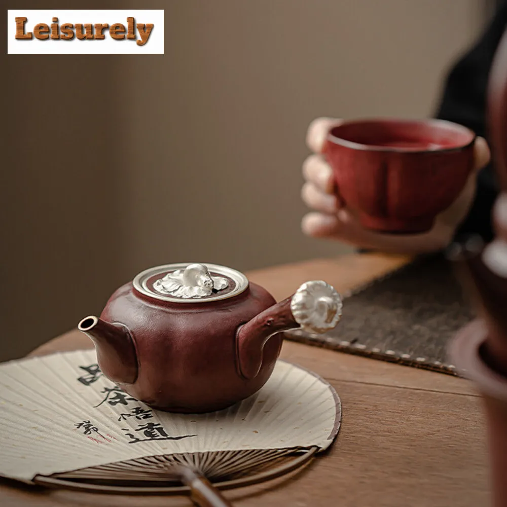 240ml Zhino Roast Persimmon Red Ruyi Side Handale Pot Kiln Change Ceramic Teapot Filter Brewing Kettle Dry Brew Table Tea Tray