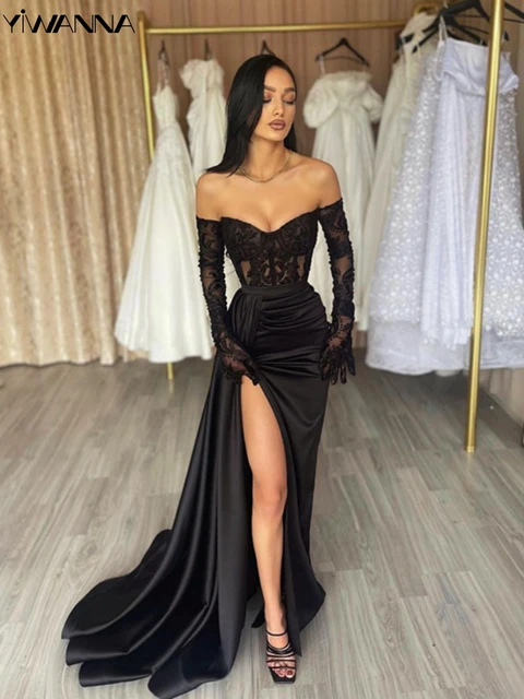 Classic Black Lace and Tulle High Slit Formal Dress - Promfy