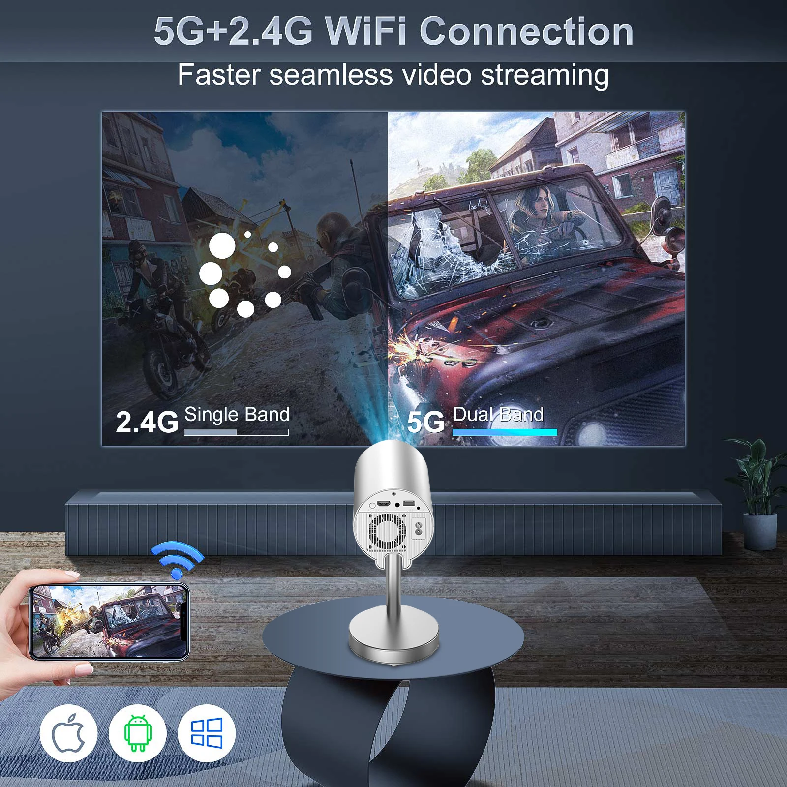 Video Projector Salange 4K Video Projector Android11 WiFi 1080P Electronic Focus Flexible Adjustable Stand Outdoor Home Cinema