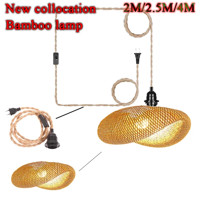 

EU Plug In Hemp Rope Pendant Light Hanging Chandelier Lamps Hand Woven Bamboo Lampshade for Living Dinning Room Bedroom Kitchen