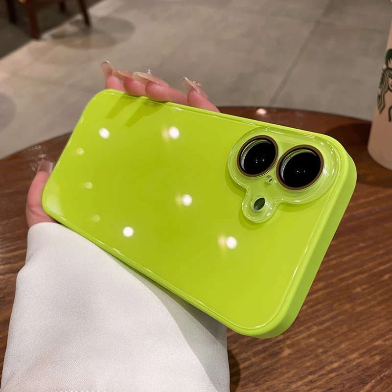 Luxury Glossy Tempered Glass Case with Camera Protector and Shockproof Hard Cover