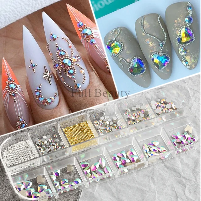 Amazon.com: 1130pcs Nail Rhinestones Kit Multi Shapes 3D Glass Clear Crystal  Nail Art Rhinestones White Flat Back Rhinestones Beads Gems Hearts  Butterfly Charm Nail Diamond Gems Stone for Nail DIY Crafts Jewelry :