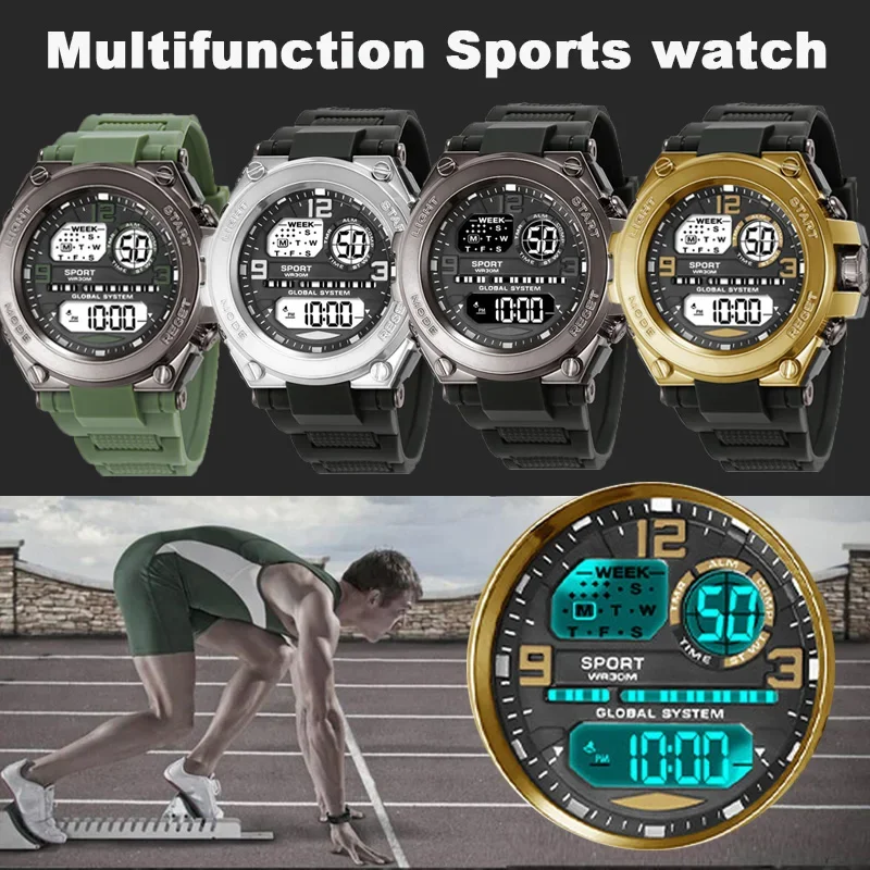 YIKAZE Men's Sports Watches Military Multifunction Digital Watch 3Bar Waterproof Luminous Alarm Clock Men Electronic Wristwatch