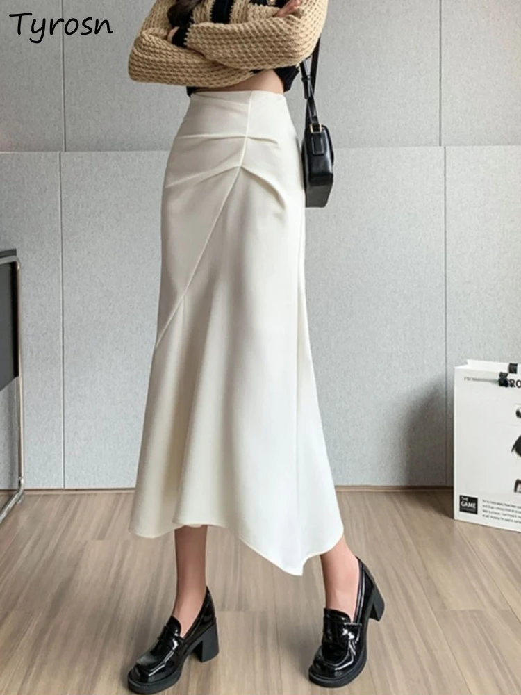 

Skirts Women Midi Elegant Simple Asymmetrical Spring All-match Empire Ladies Folds Tender Korean Style Stylish Creativity Casual