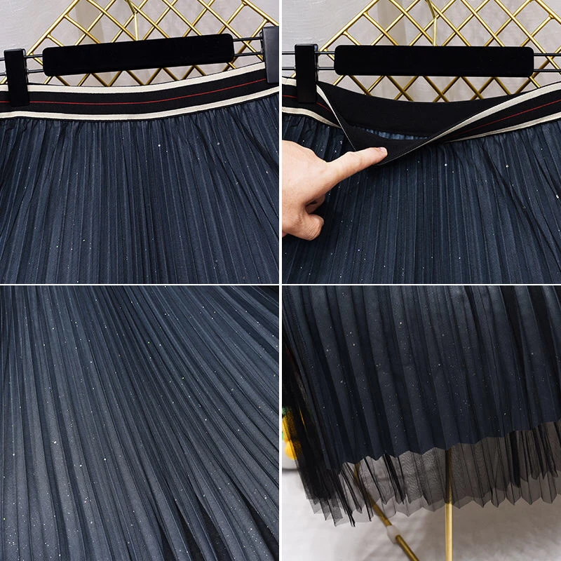 2021 New Spring Summer Autumn High Waist Sequin Half Length Skirt Pleated Skirt A-line Mesh Lady Girl golf skirt