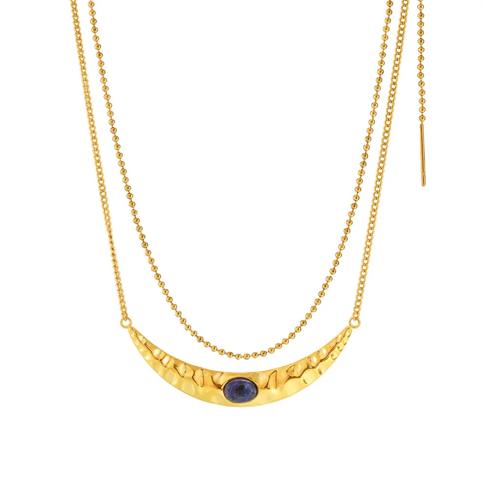 Blauer Naturstein Mond Großer Anhänger Halskette Damen Edelstahl PVD vergoldet Vintage Halskette Damen Luxus Schmuck Geschenk