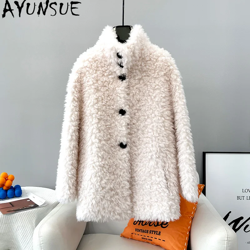 

AYUNSUE 100% Sheep Shearing Jacket Women Mid-length Wool Coats for Woman Autumn Winter Elegant Fur Coat Standing Collar Casaco