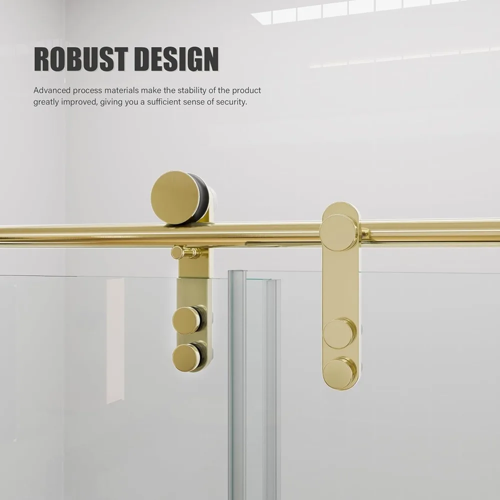 56-60 inch W x 76 inch H glass shower door, frameless shower door with handle and waterproof sealing strip, gold color 3