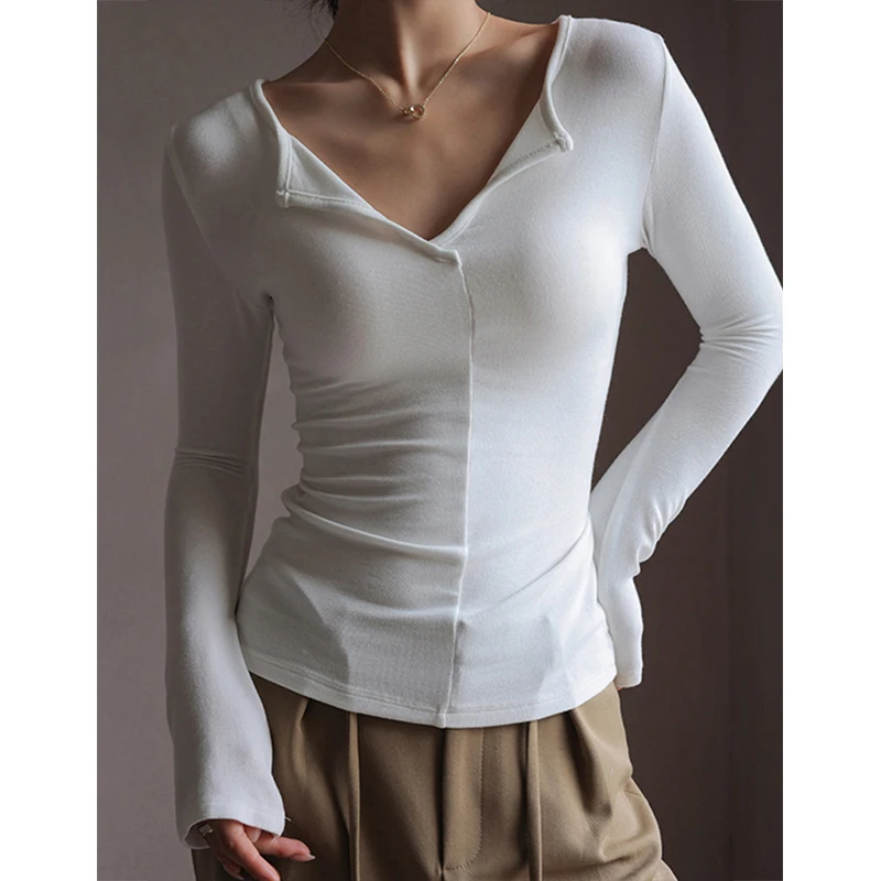 

Modal Basic T-shirts Women Autumn Winter V-neck Long Sleeve Solid Color White Pullovers Outwear Classic Slim Tees Stretchy Tops