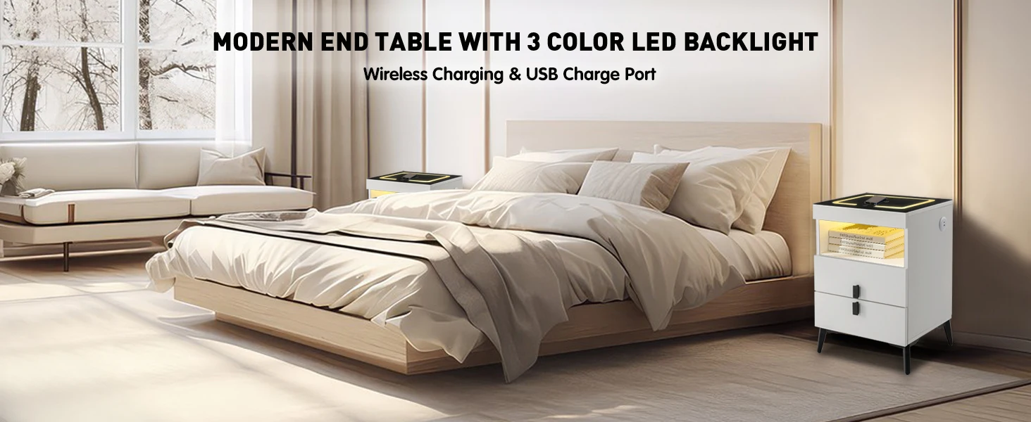 Nightstand Wireless Charging Station & USB Type C Ports, Minimalist Night Stand with LED Light 3 Colors & Adjustable Brightness