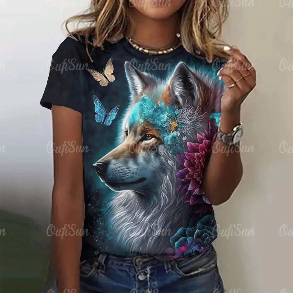 

Animal T Shirt For Women Wolf Print Tops Summer O-Neck Short Sleeve Tees Refreshing Clothing Oversized Pullover Female T-Shirt