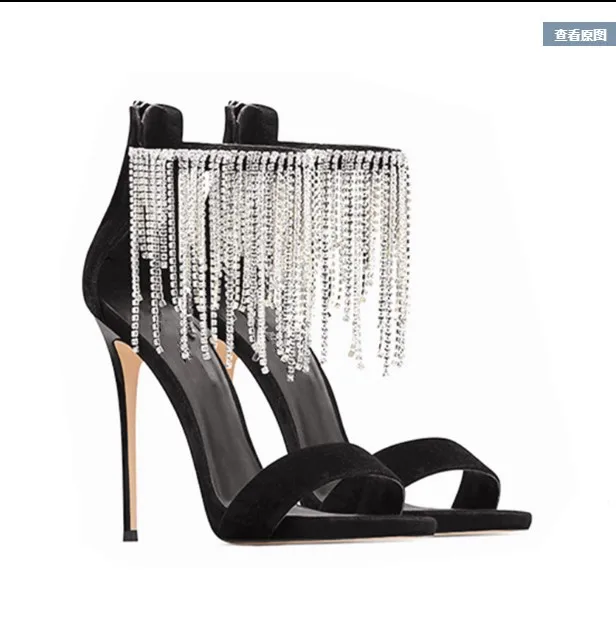 

2023 Spring and Summer new women's stiletto rhinestone mesh black tassel high-heeled sandals