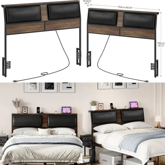 Upholstered Queen Size Headboard with Charging Station, Top Storage Shelf, Bed Frame Adapters, and Adjustable Height for Enhance