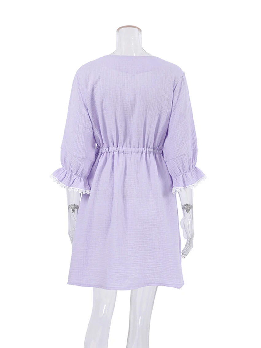 Marthaqiqi Fashion Ladies Nightwear Sexy V-Neck Sleepwear Three Quarter Sleeve Nightgowns Mini Dress Women'S Causal Pajamas