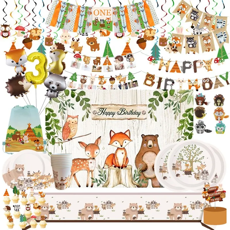 Woodland Animal Disposable Tableware Wild Forest Bear Fox Plate Cup Napkin Jungle Safari Happy Birthday Party Decor Kid Boy Girl party supplies,birthday party supplies,birthday tableware set,disposable napkins