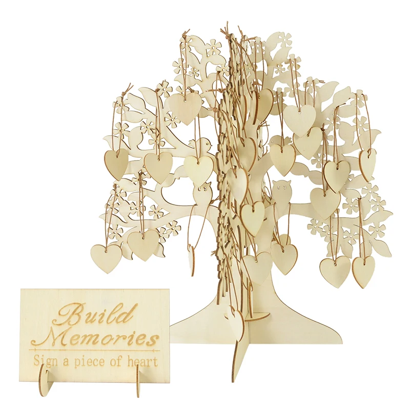 Wooden Wedding Guestbook 1 Set with 100Pcs Wood Heart Chips Sign-in Book Wedding Decoration