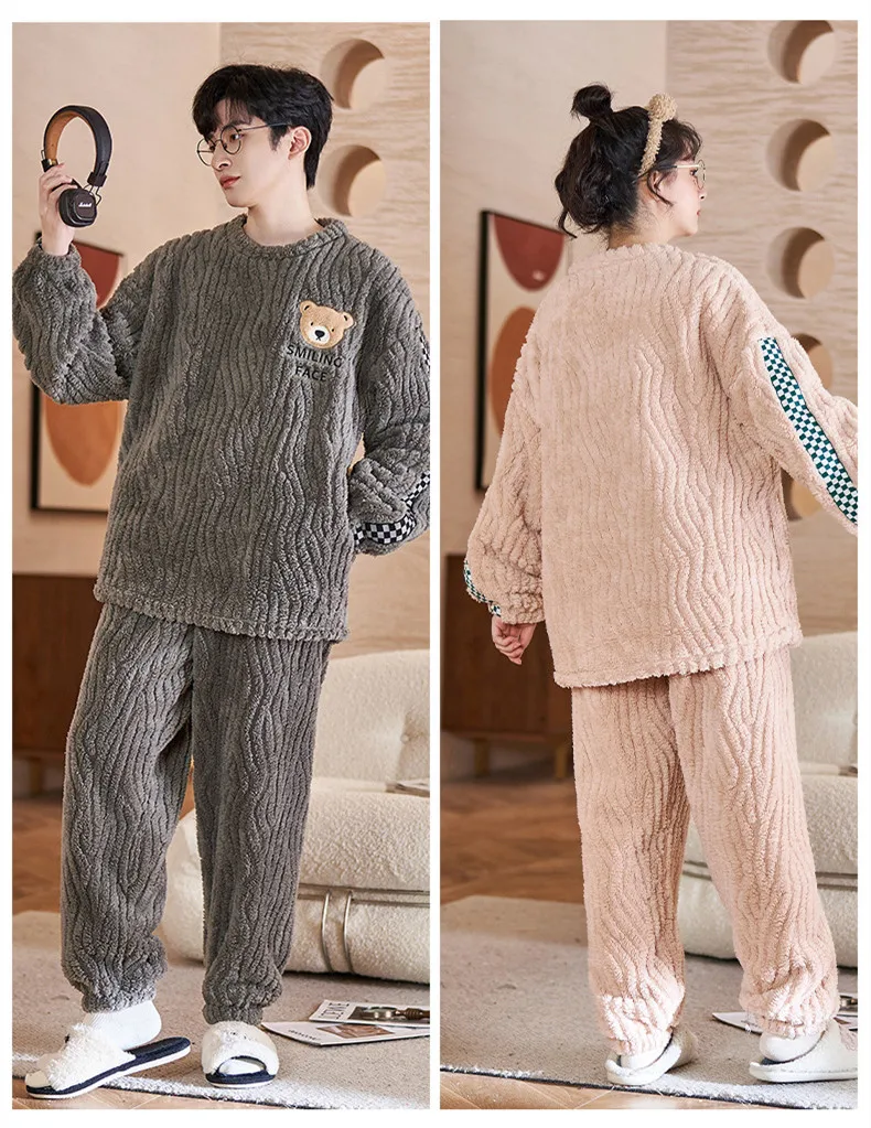 Yasuk Winter Fashion Women Men Casual Warm Soft Sleepwear Pajamas With Pant Velvet Fleecel Pink Bear Plaid Couple Unisex Thick