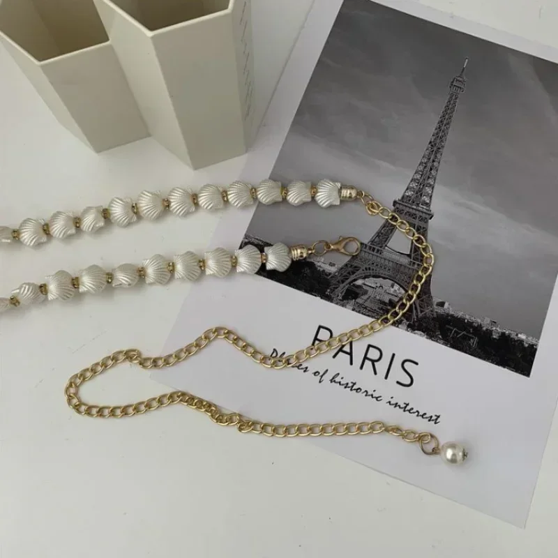 Fashion Women Pearl Shell Chain Belt Elegant Metal Thin Slim Waist Belts Dress Skirt Wild Waistbands Straps Clothes Accessories