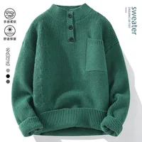 Trendy Solid Color Men Knitted Sweaters Half High Collar Button Pullover Tops Autumn Winter Versatile Knitwear Men Clothing 1