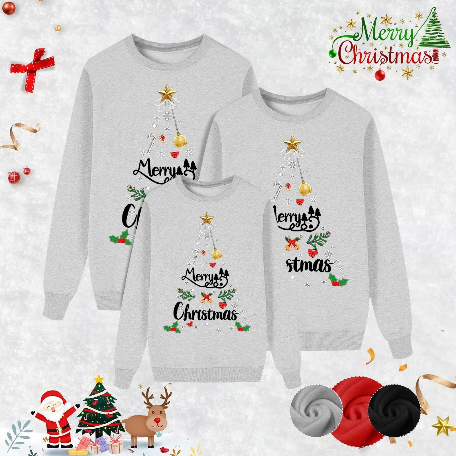thumbnail image 4 of Sudadera con estampado de letras de árbol de Navidad a juego para toda la familia, manga larga, cuello redondo, informal, atuendo para padres e hijos para las fiestas, 4 of 5