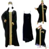 Arabian Style Muslim Islamic Outfit Sets for Women Baselayer Sling Dress Gold Trim Long Sleeve Kaftan Abaya Robe with Hijab