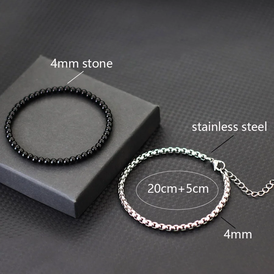 Men Stainless Steel Cuban Chain Bracelet Set Natural Stone