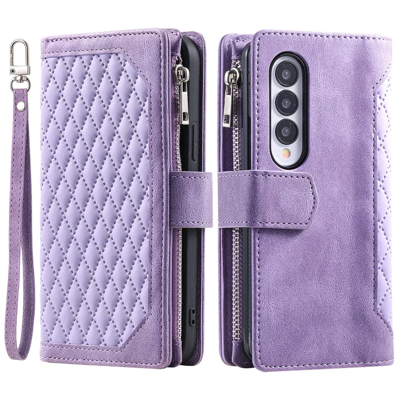 Luxury Double Layer Zipper Wallet Case for Samsung Galaxy Z Fold 4 Lozenge PU Leather Flip Cover for SM-F936B SM-F936U SM-F936N