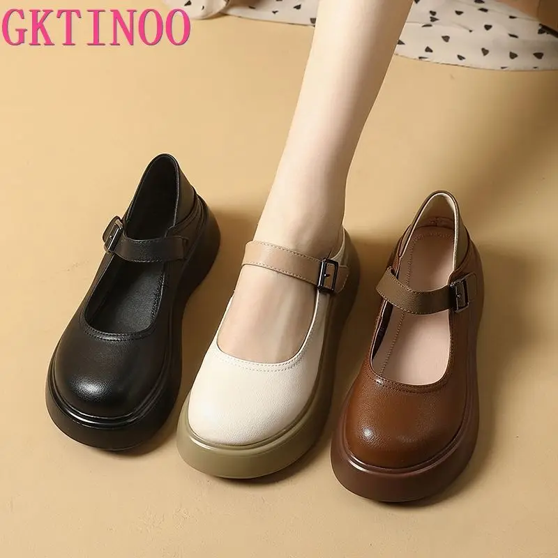 

GKTINOO Platform Mary Janes Women Cow Leather Round Toe Metal Buckle Strap Chunky Sole Female Lolita Shoes Handmade Large Size