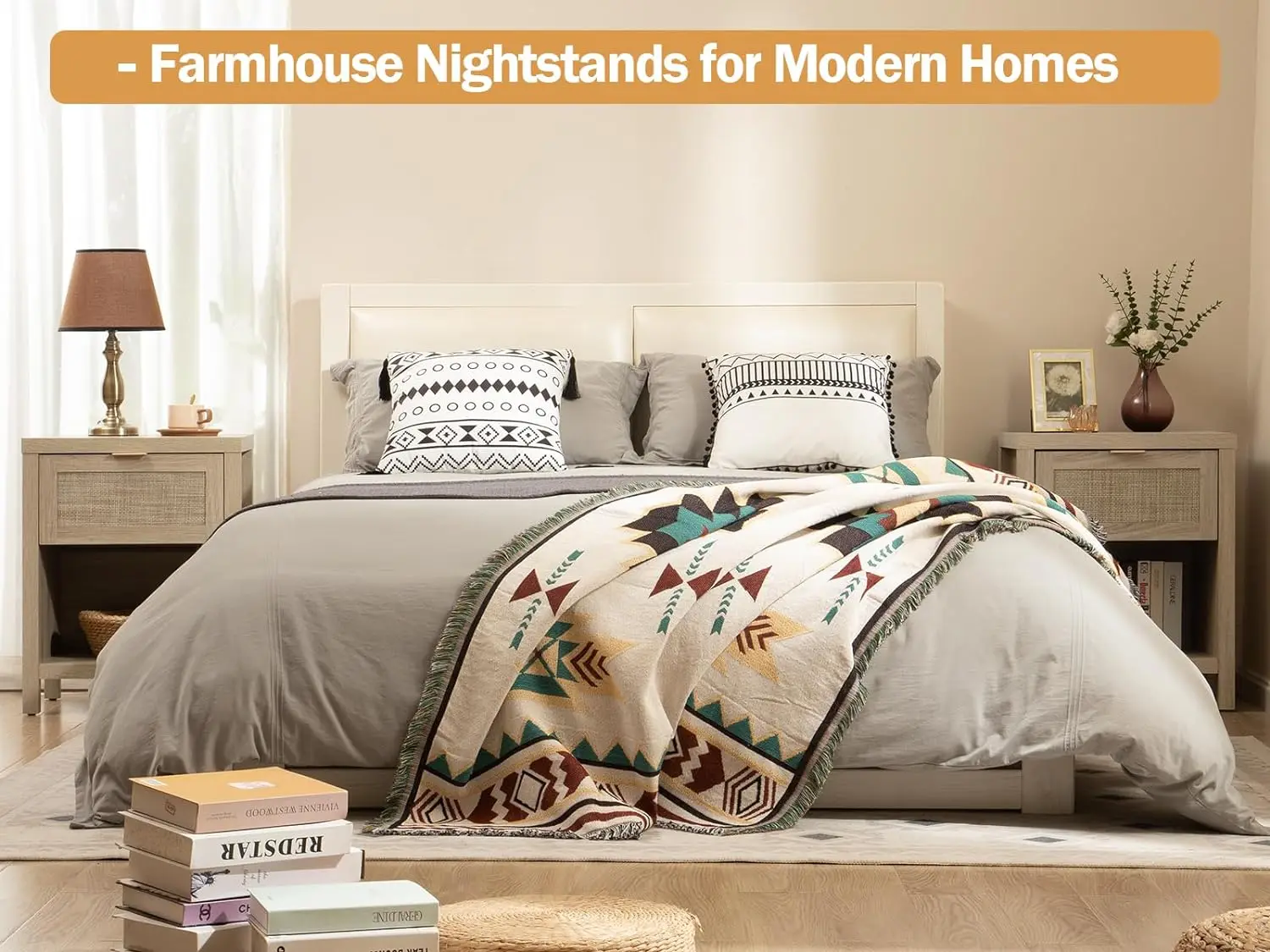 Rattan Nightstands Set of 2, Farmhouse Night Stands