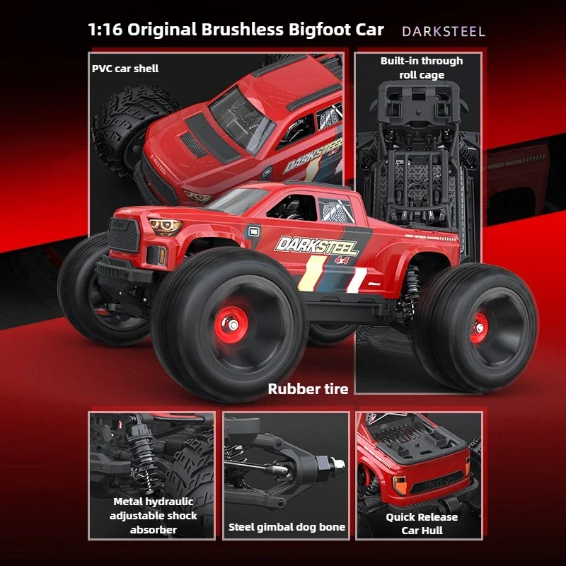 Détail du châssis et de la suspension de la UDIRC 1610PRO 1/16 voiture RC 4x4 brushless tout-terrain Big Foot bleue