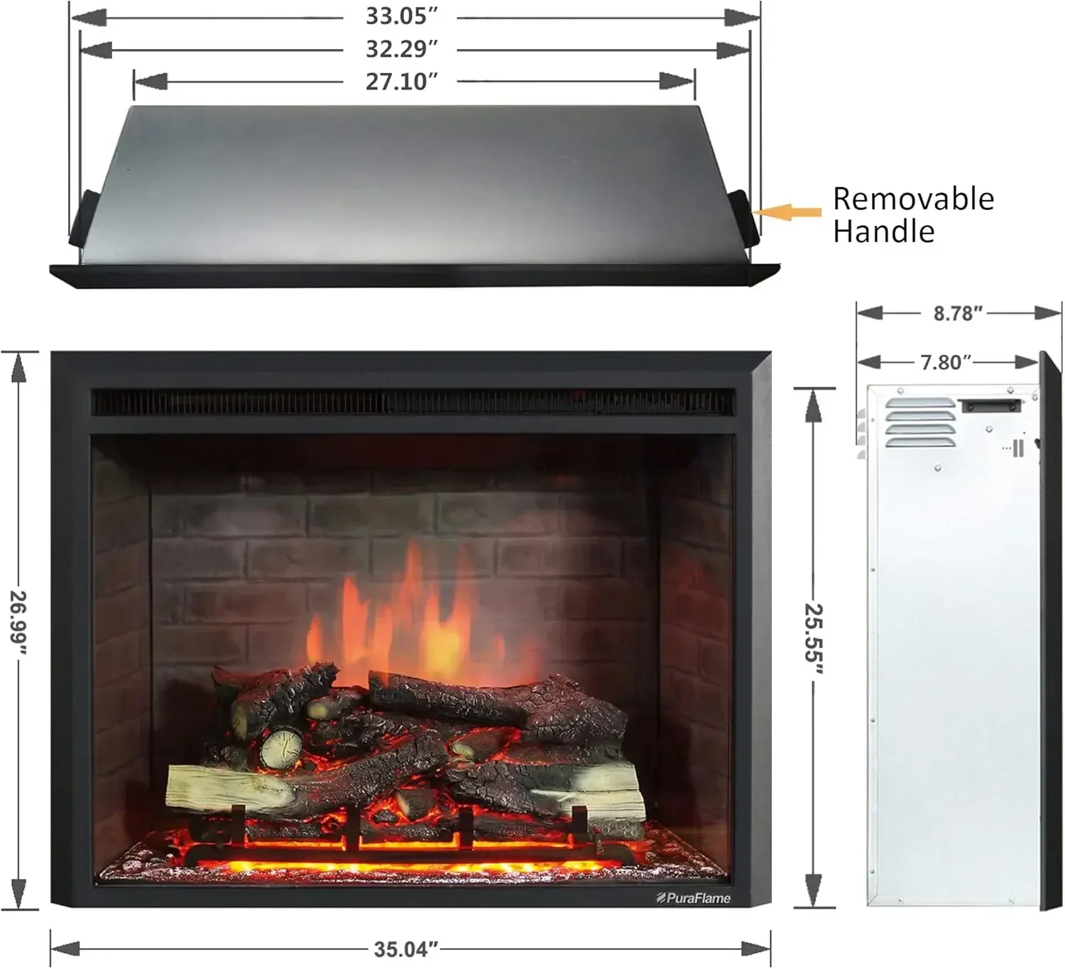 Western Electric Fireplace Insert with Fire Crackling Sound, Remote Control, 750/1500W, Black, 33 1/16 Inches Wide, High 2