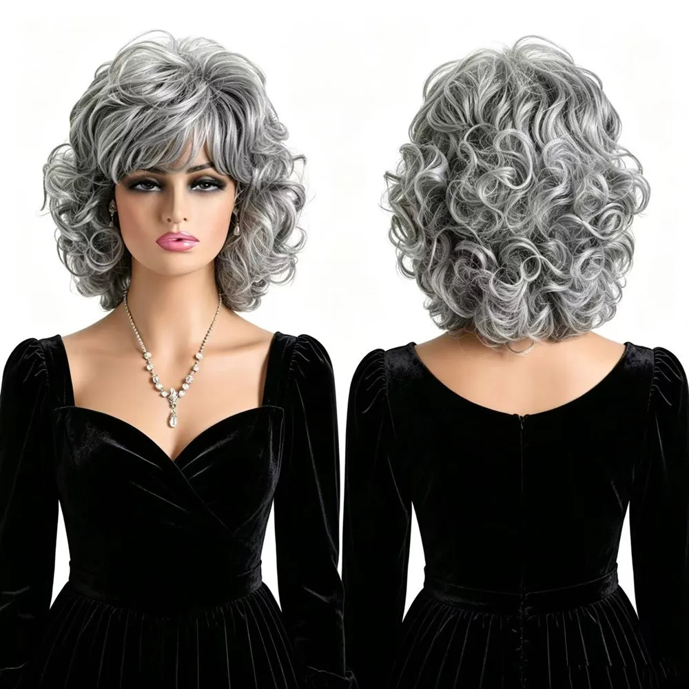 Parrucche Grigie Corte e Riccioline per Donne, Parrucca Sintetica Resistente al Calore con Frangia, Parrucca da Anziana per Uso Quotidiano, Feste, Cosplay, Halloween