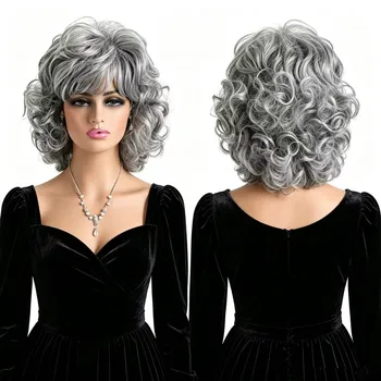 Parrucche Grigie Corte e Riccioline per Donne, Parrucca Sintetica Resistente al Calore con Frangia, Parrucca da Anziana per Uso Quotidiano, Feste, Cosplay, Halloween