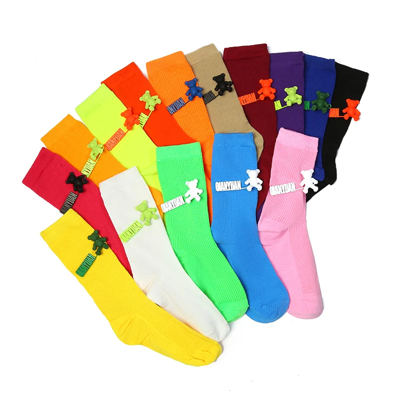 Black and White Pure Color Tube Socks Female Pin Bear Lovely Personality Tide Socks INS Korean Students Long Tube Cotton Socks