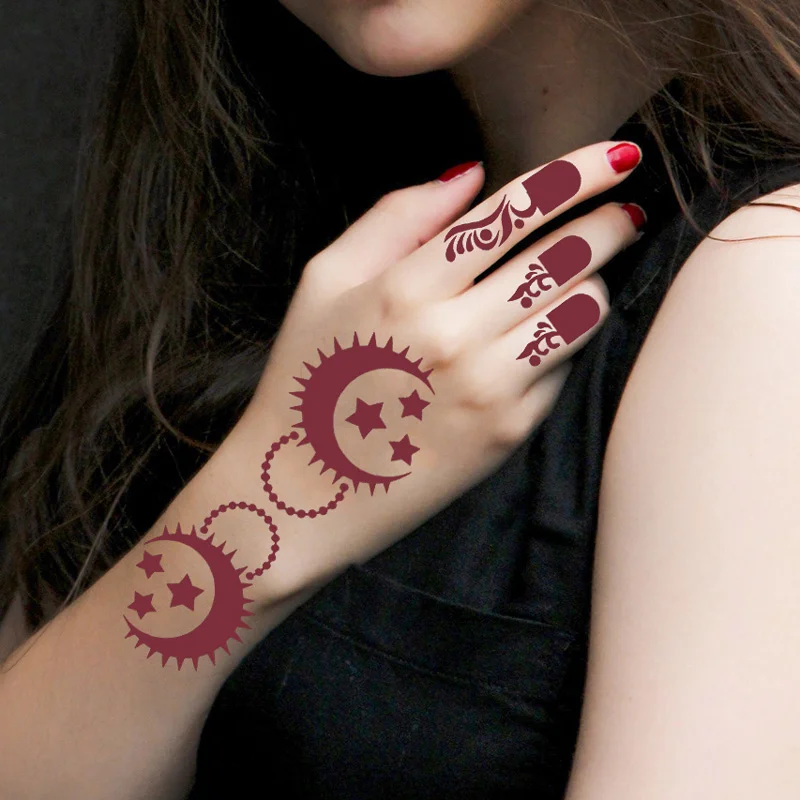 Moon Flower Design Tattoo Stencils Ramadan Festival Henna Tattoo Templates Women Hand Body Decor Temporary Tattoos