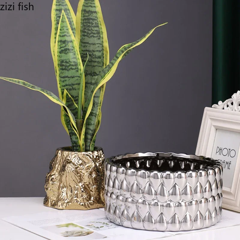 Golden Ceramic Vase Hydroponic Vase Flowerpot Flowers Vessels Desktop Flower Arrangement Decorative Vases Ornament Flower Vases 4