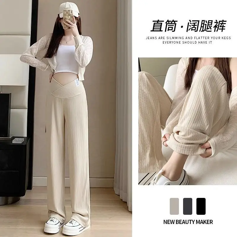 Pregnant Women Summer Thin Wide Leg Pants Loose Maternity Abdomen High Waist Trousers Pregnancy Full Length Belly Pants 2