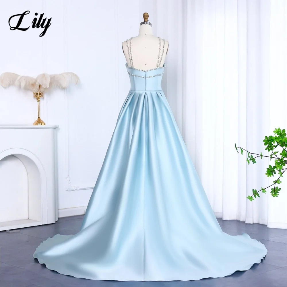 Lily Light Blue Prom Dress Shiny Beading Halter Party Dresses