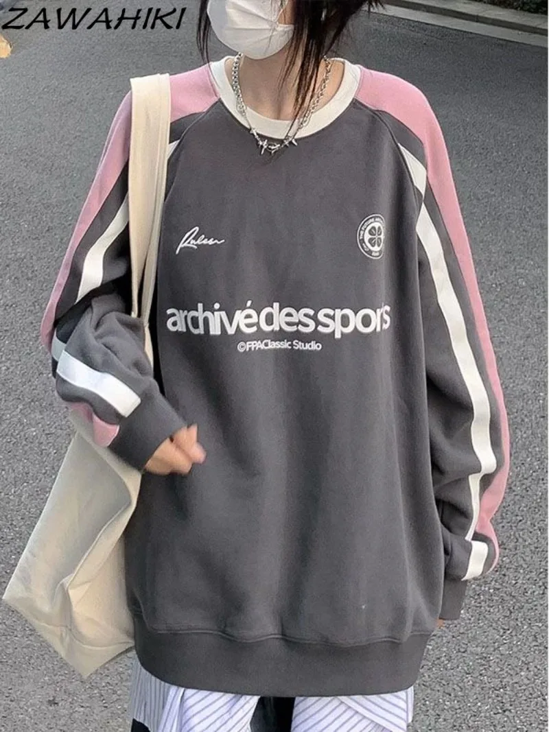 

Korean Loose New O-neck Patchwork Contrast Color Long Sleeve Sweatshirt Women Chic Designed American Letter Print Streetwear