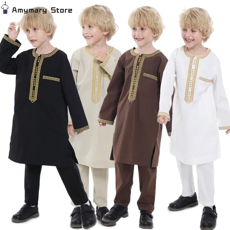 

Muslim Children Robe 2 Piece Set Kids Boy Round Neck Long Sleeve Printed Dress Shirt Abaya Kaftan Jubba Thobe Islamic Clothing