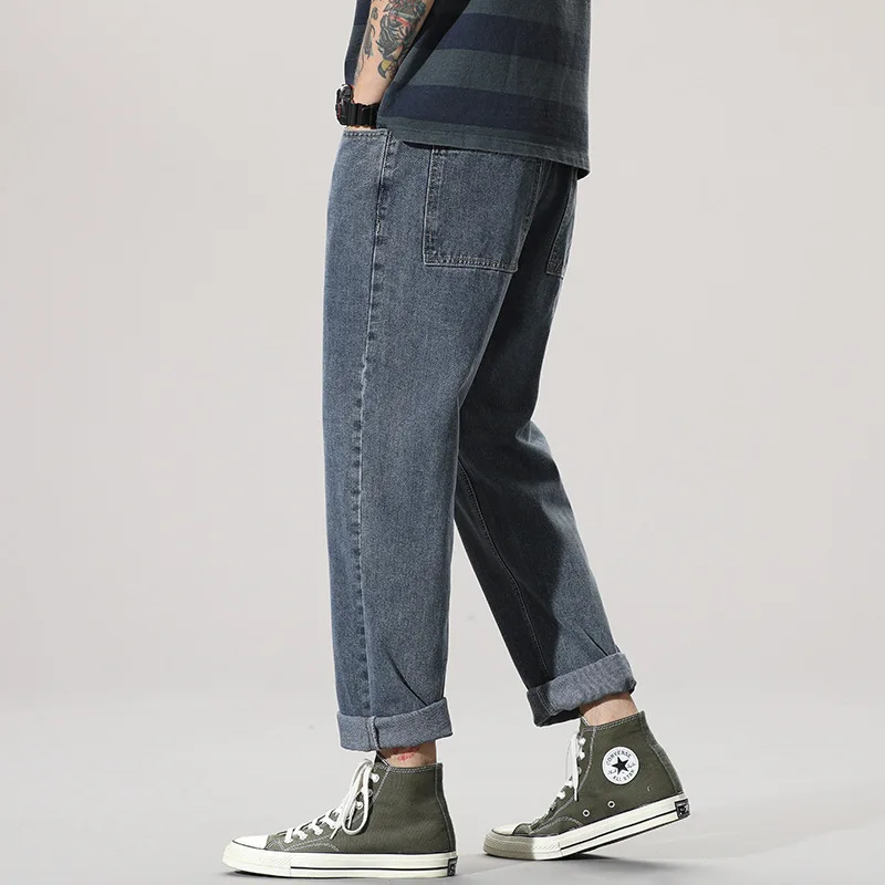 Jeans Men Autum Summer Baggy Thin Street Ruffian Handsome Loose Pants Straight Drop Vintage Denim Distressed  Blue Elastic Waist