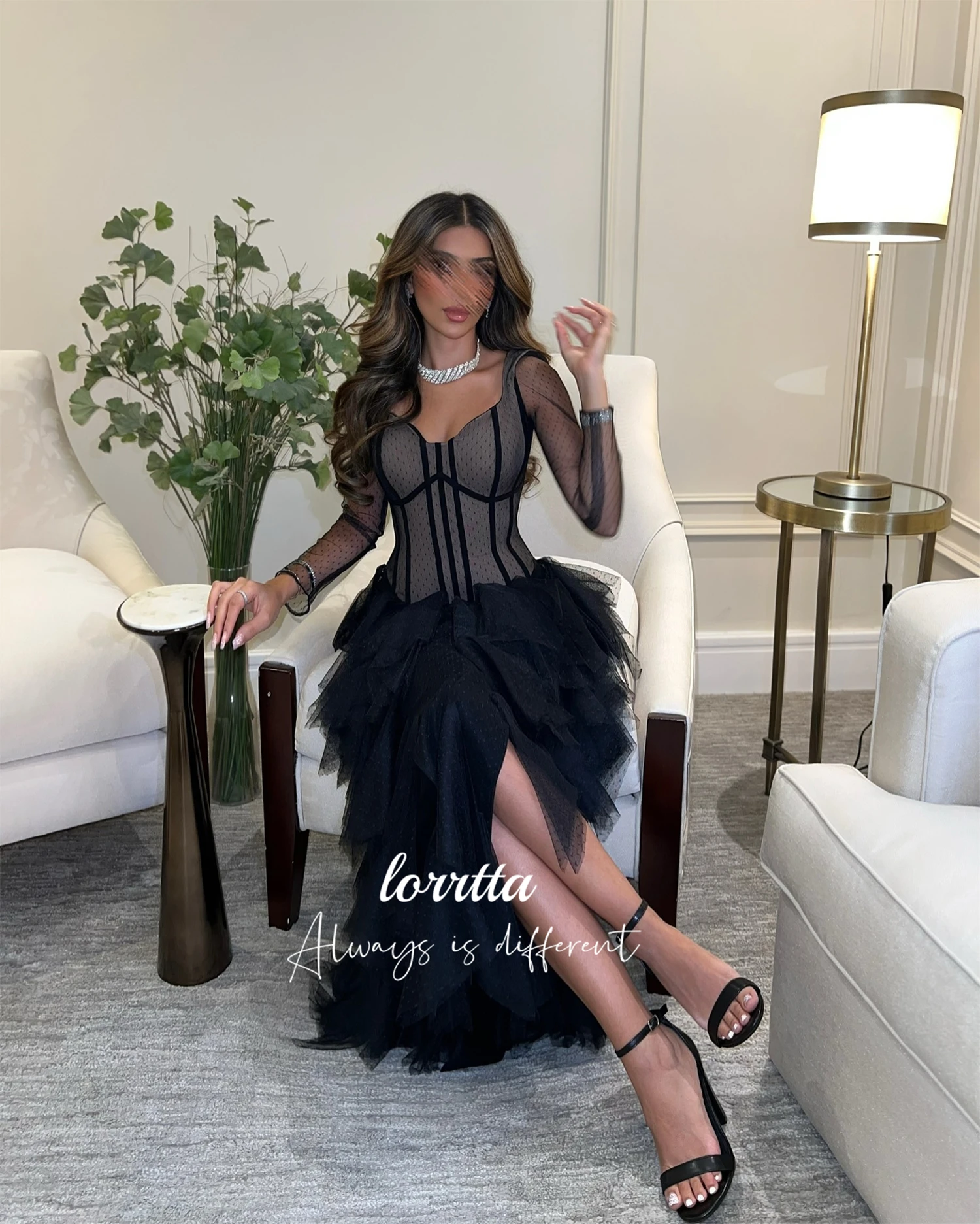 فستان حفلات مسائي مخصص تنورة منتفخة بأكمام طويلة ر...