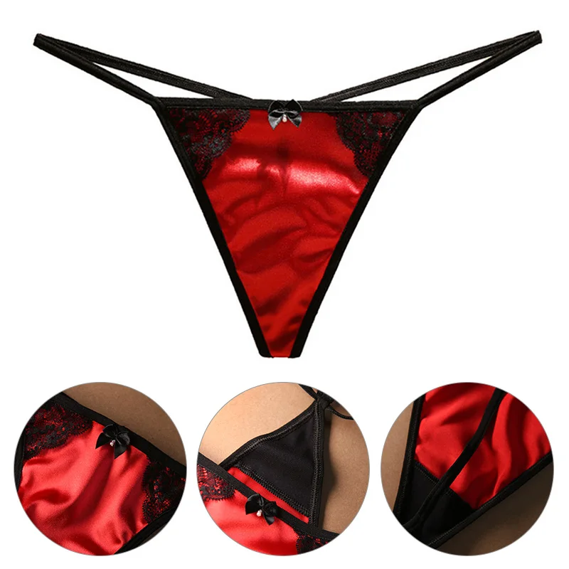 Women's Briefs G-string Underwear Satin T-Shaped Thong Panties Lace Breathable Low Waist