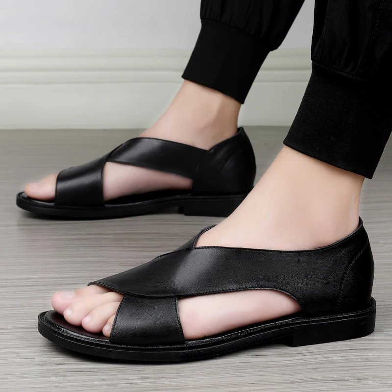 Genuine Leather Men's Sandals Flat Open Toe Rome Style Summer Breathable Beach Gladiator Sandals leather sandals summer sandals mens shoes