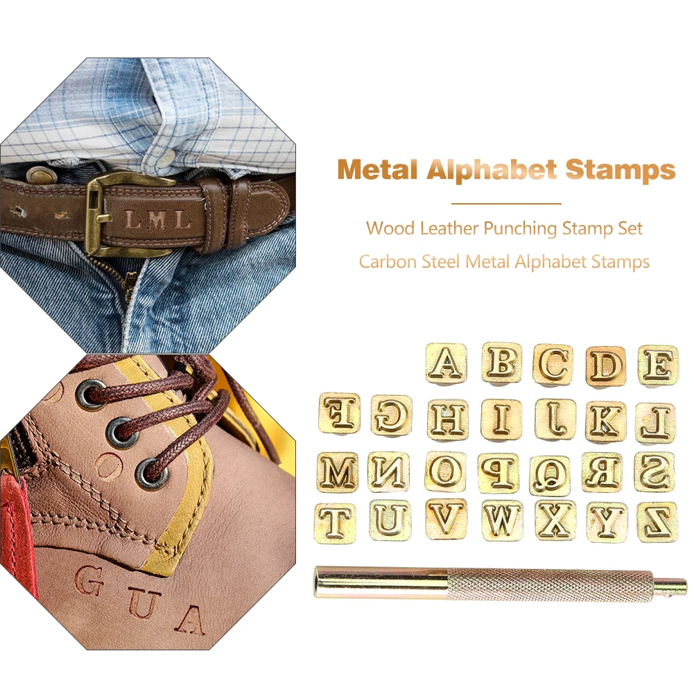 26pcs Wood Leather Punching Stamp Set Carbon Steel Metal Alphabet Stamps