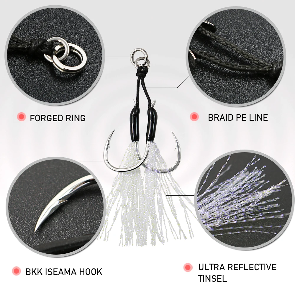 JIGGING PRO Leichte Jigging-Assist-Haken 12 Stück # /14 # /16 # ISEAMA Haken mit PE-Schnur & Reflektierendem Lametta für Metall-Jigs – Detail 5